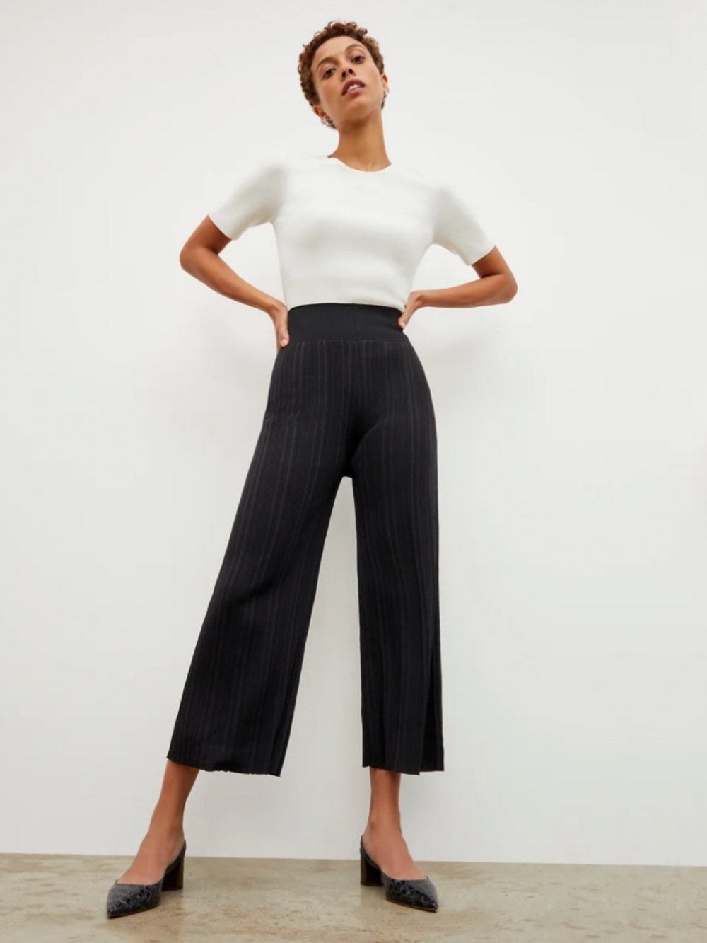 MM Lafleur Marijane Ribbed Wide Leg Knit Cropped Pants in Dark Blue/Green Size L